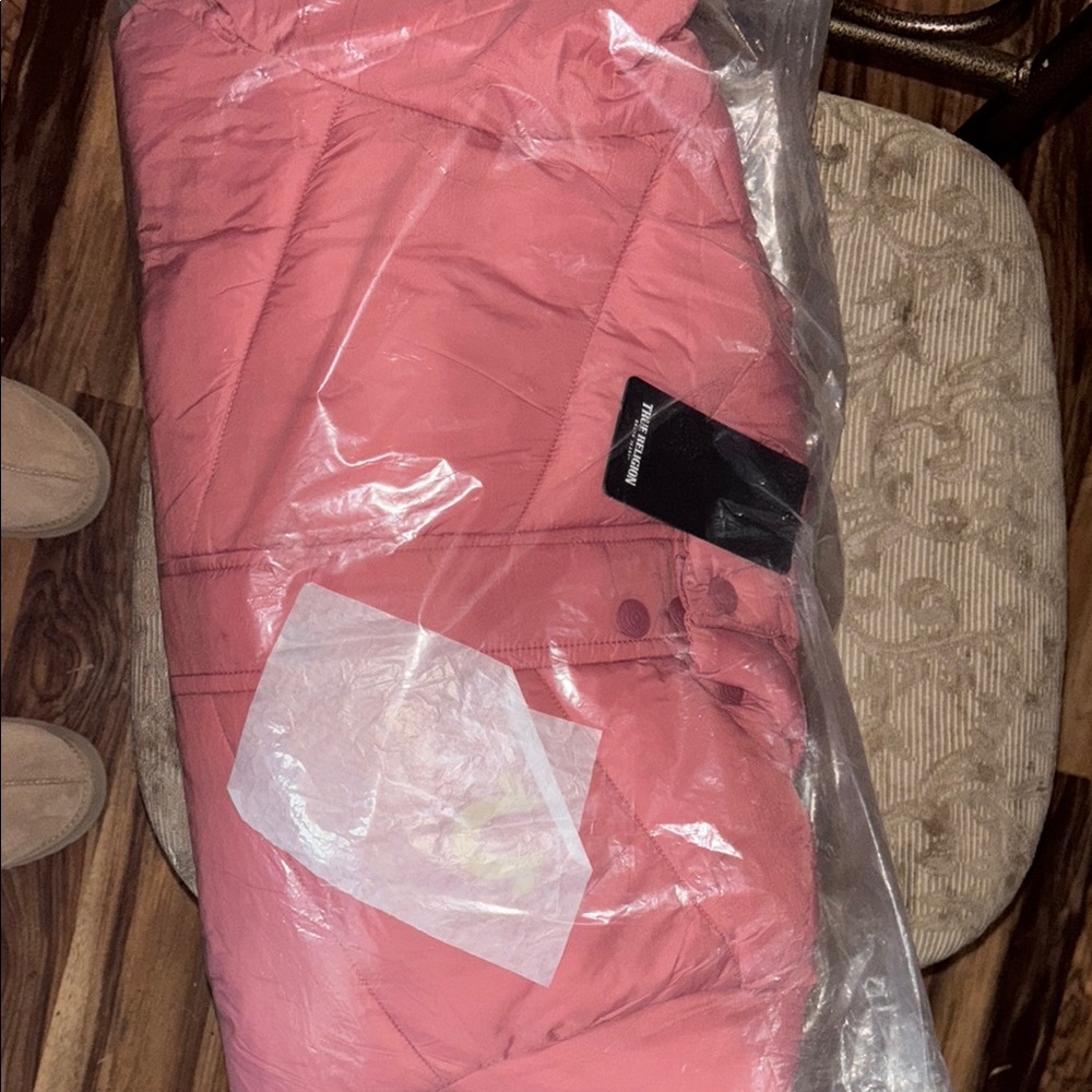 True religion pink puffer with fur hood